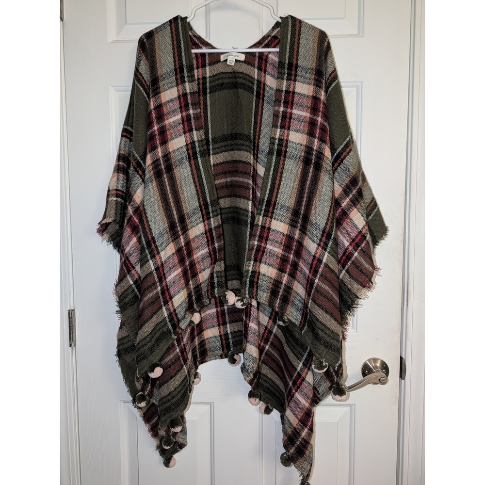 Plaid Francesca's Pom Pom Ruana Poncho Boho Cottagecore Fall One Size